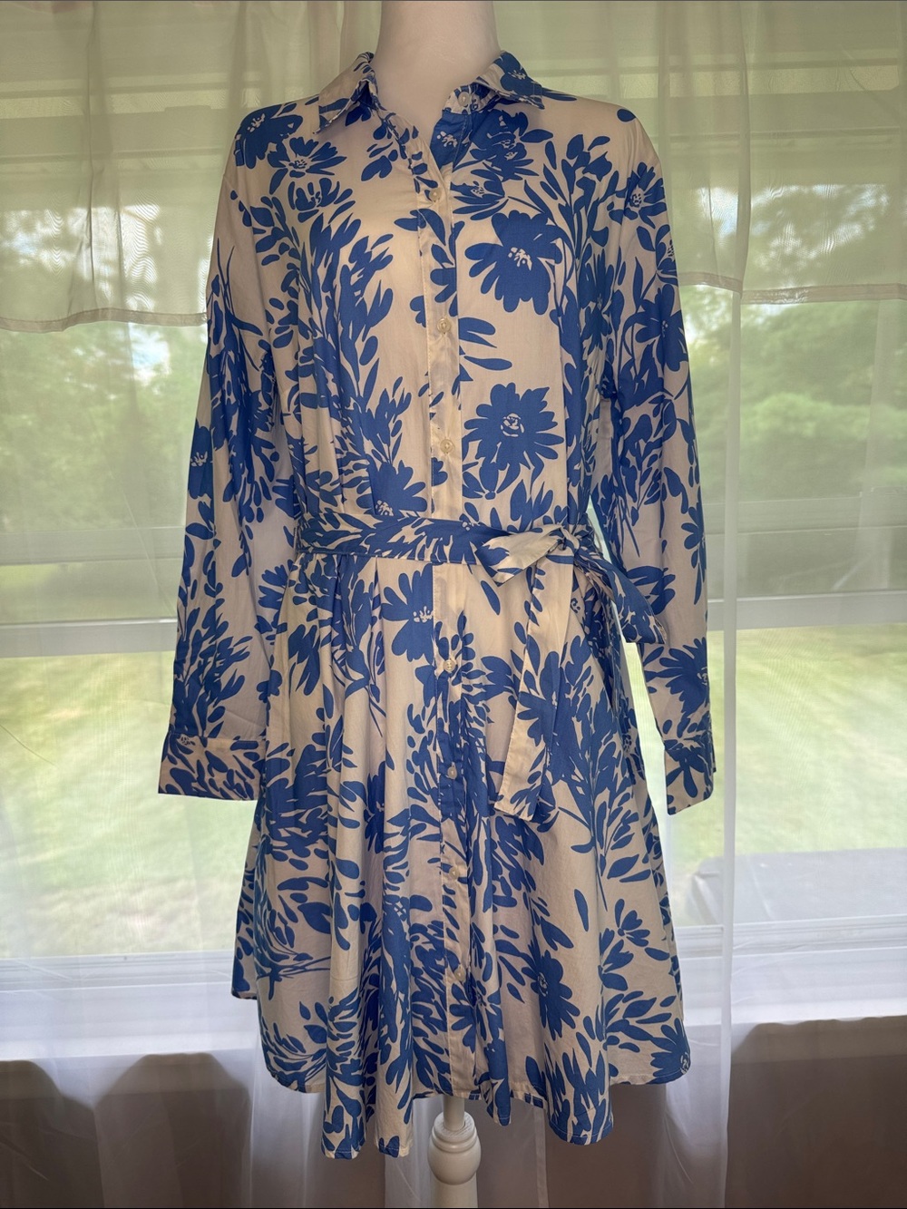 Women's Long Sleeve Mini Shirtdress. Cotton Popplin White and Blue Floral